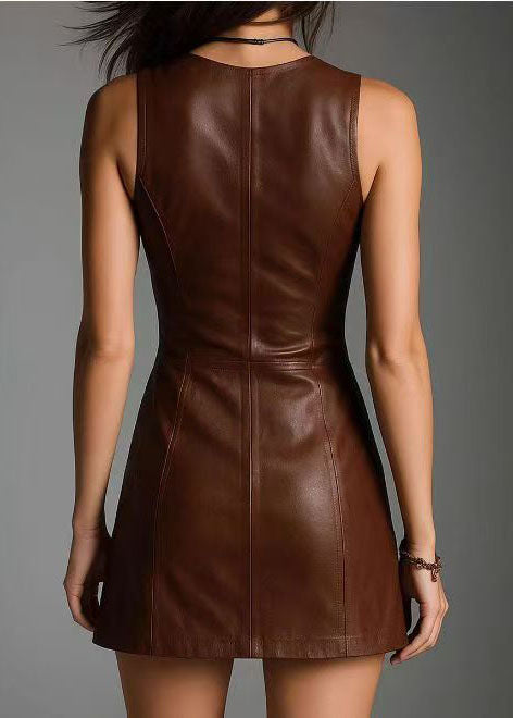 Vintage Brown Zip Up Faux Leather Mini Dress Sleeveless