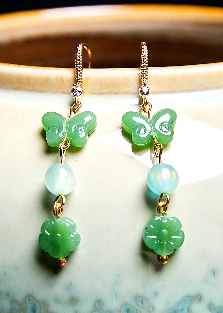 Pendientes vintage de mariposa, jade y circonita