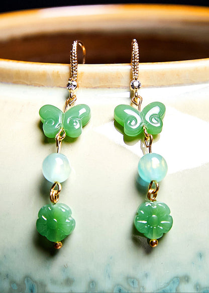 Pendientes vintage de mariposa, jade y circonita