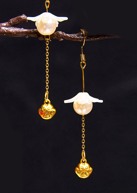 Pendientes colgantes de perla de oro de 14 quilates con forma de pata de gato vintage