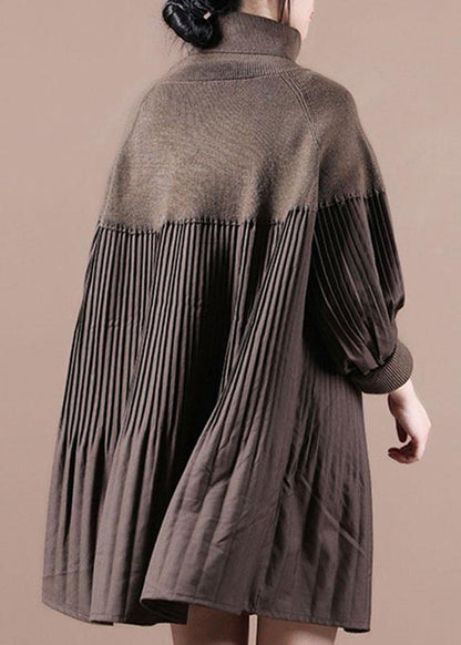 Vintage Chocolate High Neck Patchwork Fall Sweater Dress - SooLinen