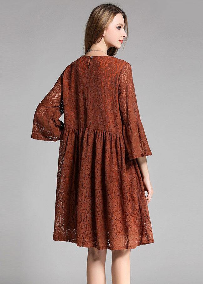 Vintage Chocolate Hollow Out Embroideried Patchwork Spring Three Quarter Sleeve Spring Dresses - SooLinen