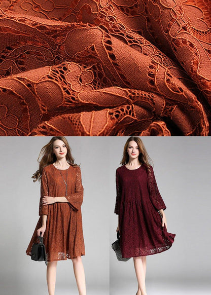 Vintage Chocolate Hollow Out Embroideried Patchwork Spring Three Quarter Sleeve Spring Dresses - SooLinen