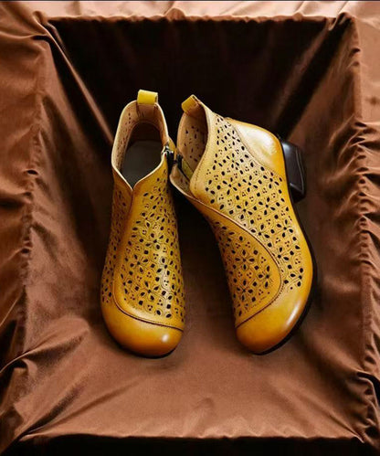 Vintage Chocolate Hollow Out Side Zipper Cowhide Leather Low Heel Ankle Boots
