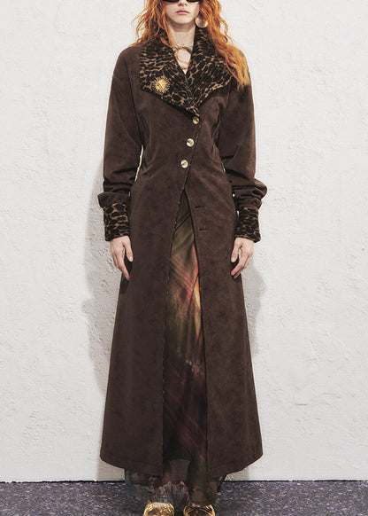 Vintage Schokoladenbrauner Leopardenmuster-Trenchcoat mit Bindegürtel aus Wildlederimitat, lang, Winter