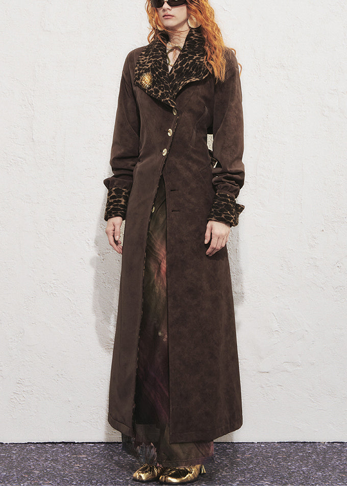 Vintage Schokoladenbrauner Leopardenmuster-Trenchcoat mit Bindegürtel aus Wildlederimitat, lang, Winter