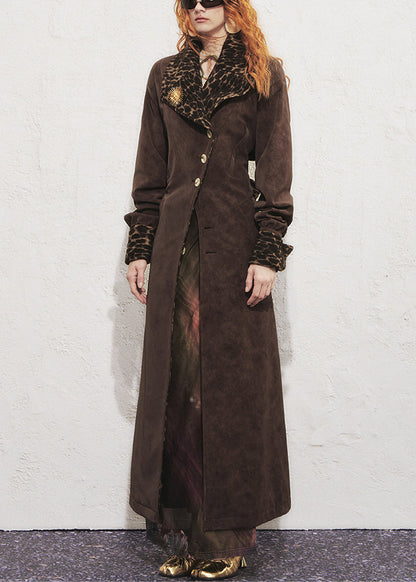 Vintage Schokoladenbrauner Leopardenmuster-Trenchcoat mit Bindegürtel aus Wildlederimitat, lang, Winter