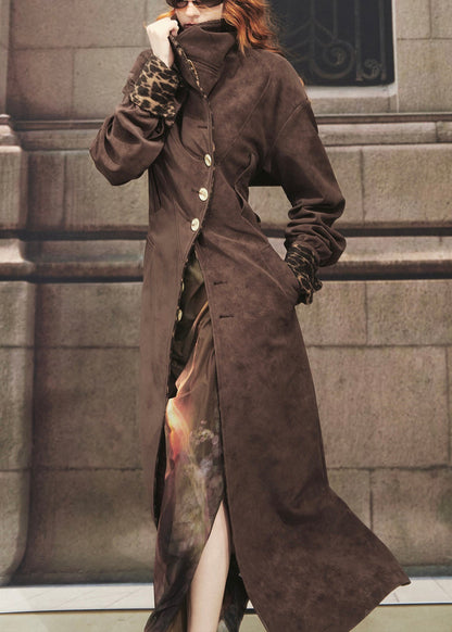 Vintage Schokoladenbrauner Leopardenmuster-Trenchcoat mit Bindegürtel aus Wildlederimitat, lang, Winter