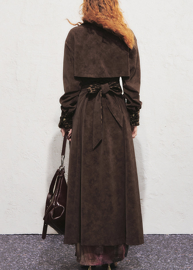 Vintage Schokoladenbrauner Leopardenmuster-Trenchcoat mit Bindegürtel aus Wildlederimitat, lang, Winter