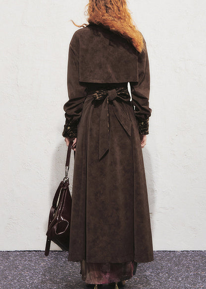 Vintage Schokoladenbrauner Leopardenmuster-Trenchcoat mit Bindegürtel aus Wildlederimitat, lang, Winter