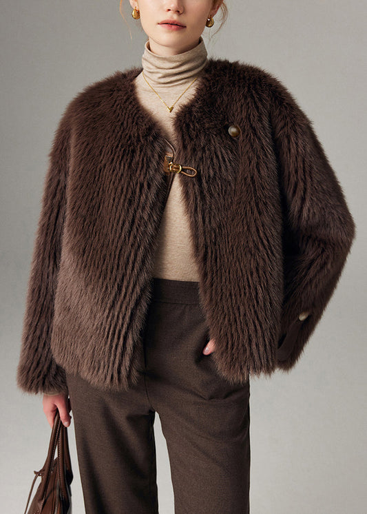 Abrigos de piel y cuero con botones y cuello redondo color chocolate vintage para invierno