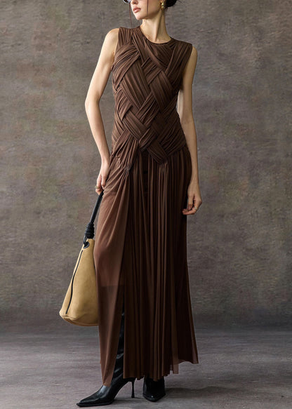 Vintage Chocolate Original Design Side Open Tulle Long Dresses Sleeveless