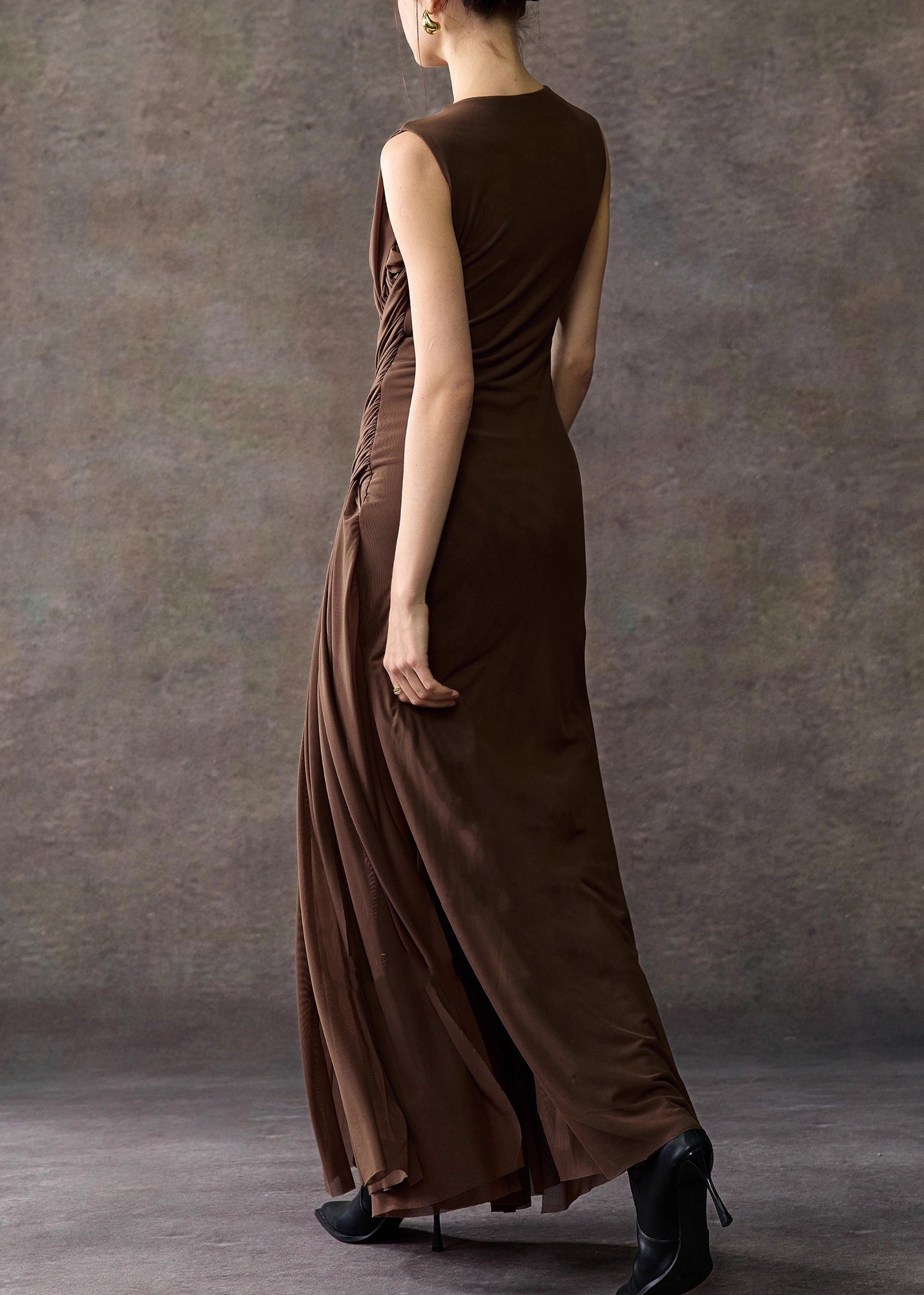 Vintage Chocolate Original Design Side Open Tulle Long Dresses Sleeveless