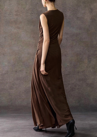 Vintage Chocolate Original Design Side Open Tulle Long Dresses Sleeveless