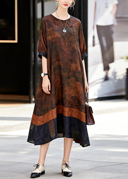 Vintage Chocolate Print Patchwork Hollow Out Cotton Dress Summer