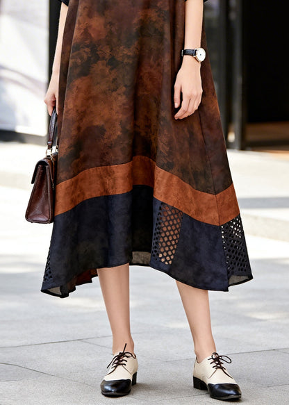 Vintage Chocolate Print Patchwork Hollow Out Cotton Dress Summer