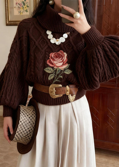 Vintage Schokoladenbrauner Rollkragenpullover mit Rosenmuster, gestrickt aus Baumwolle, Winter