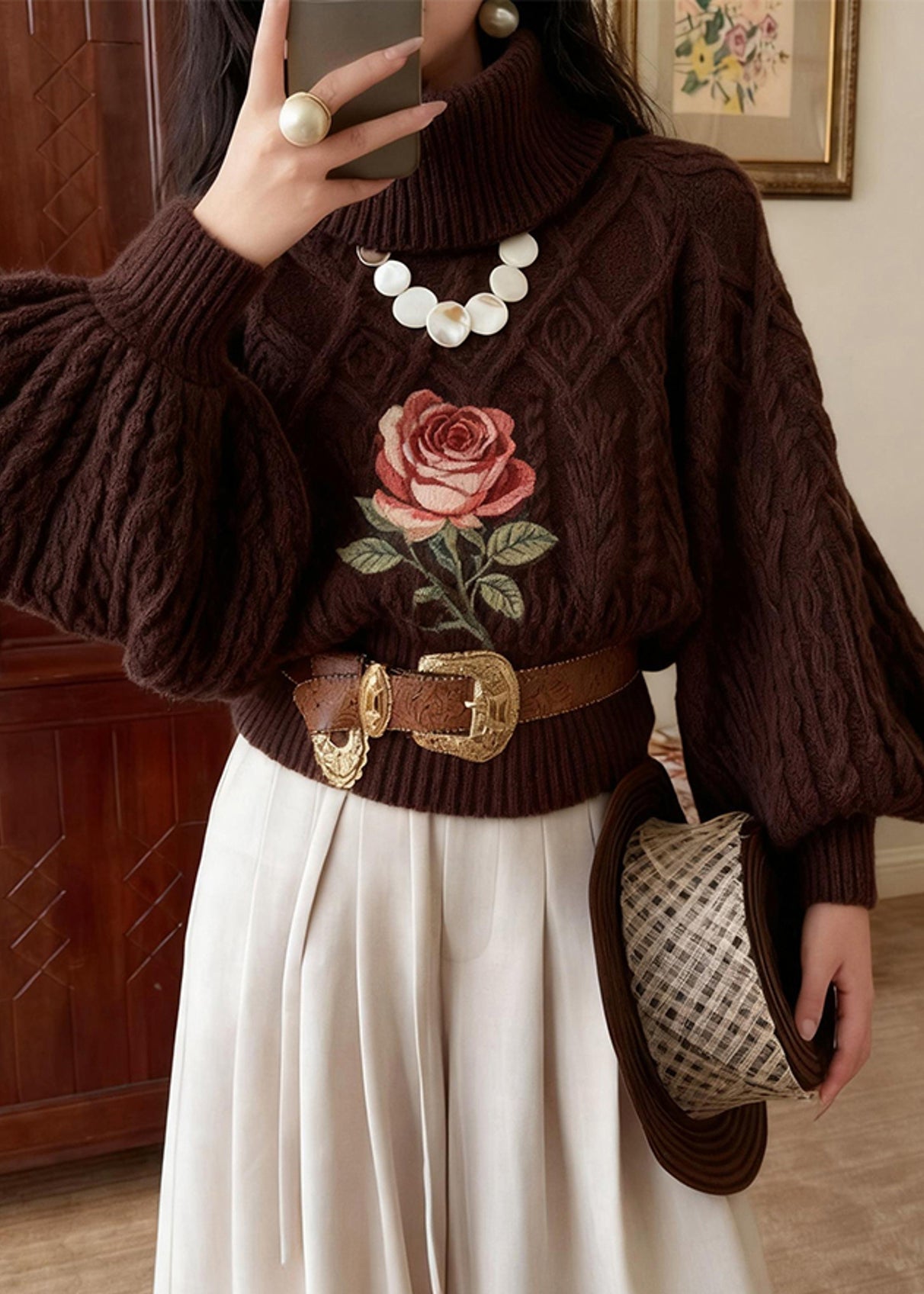 Vintage Schokoladenbrauner Rollkragenpullover mit Rosenmuster, gestrickt aus Baumwolle, Winter