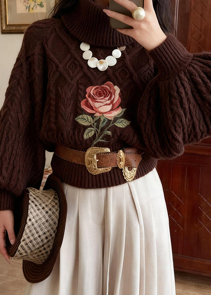 Vintage Schokoladenbrauner Rollkragenpullover mit Rosenmuster, gestrickt aus Baumwolle, Winter