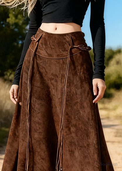 Vintage Coffee Asymmetrical Lace Up High Waist Faux Suede Skirts Spring