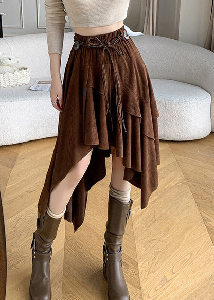 Vintage Kaffee Asymmetrischer Rock aus geknittertem Wildlederimitat Frühling