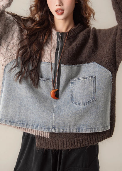 Vintage Coffee Asymmetrical Zip Up Patchwork Knit Sweater