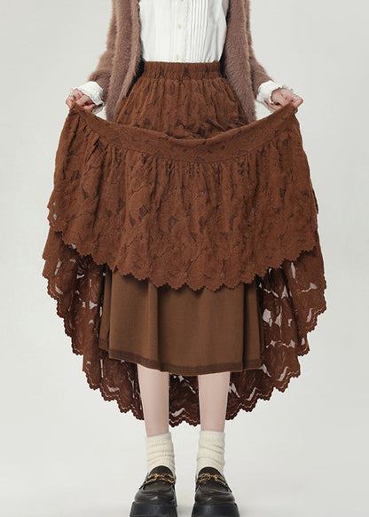 Vintage-Winterrock aus warmem Fleece mit elastischem Bund und Spitze in Kaffeebraun