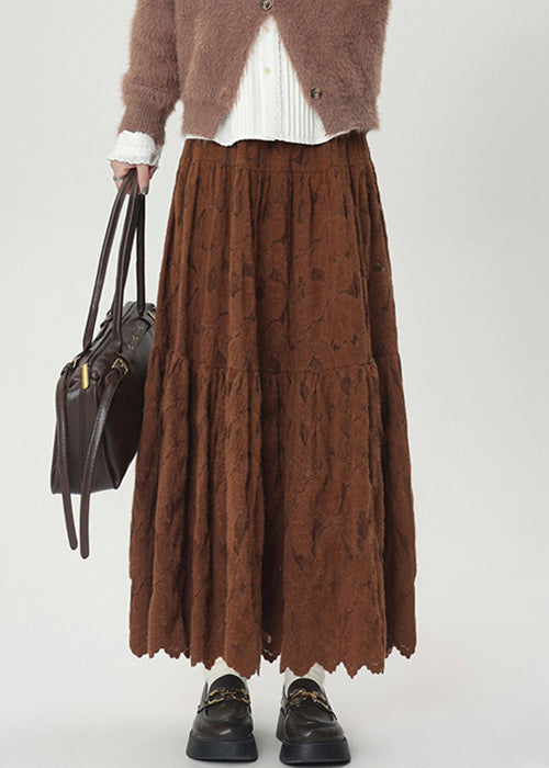 Vintage-Winterrock aus warmem Fleece mit elastischem Bund und Spitze in Kaffeebraun