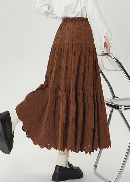 Vintage-Winterrock aus warmem Fleece mit elastischem Bund und Spitze in Kaffeebraun