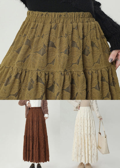 Vintage-Winterrock aus warmem Fleece mit elastischem Bund und Spitze in Kaffeebraun