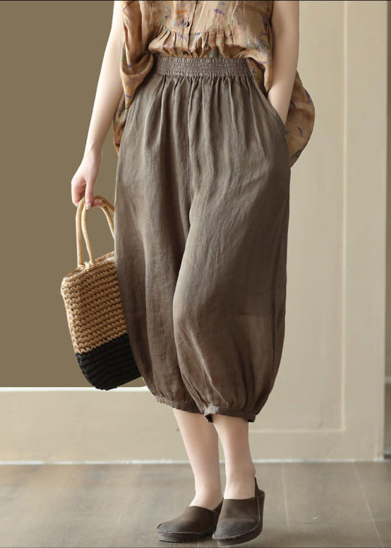 Vintage Kaffee Elastische Taille Solid Ramie Crop Hose