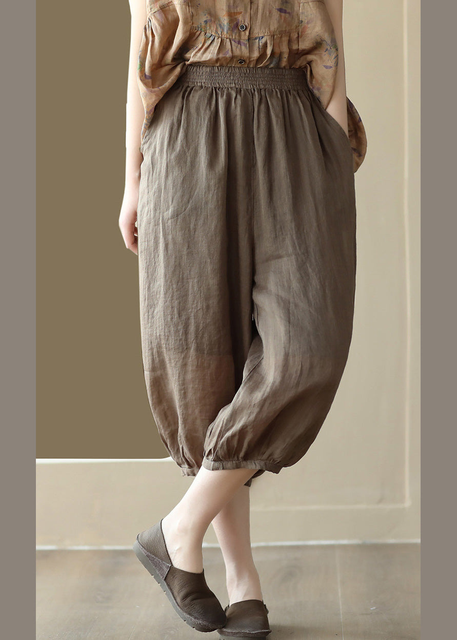 Vintage Kaffee Elastische Taille Solid Ramie Crop Hose