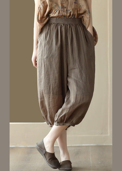Vintage Kaffee Elastische Taille Solid Ramie Crop Hose
