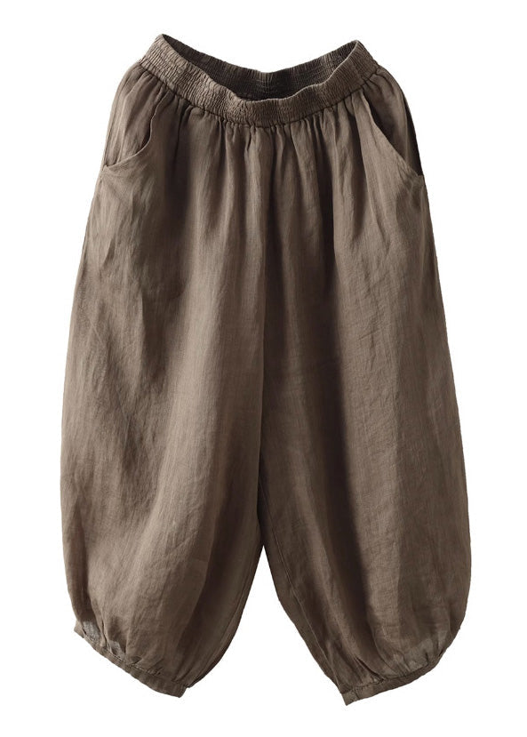 Vintage Kaffee Elastische Taille Solid Ramie Crop Hose
