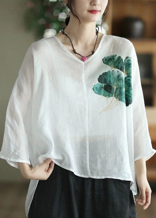 Camisas de lino con cuello en V, patchwork y estampado vintage de color verde café, media manga