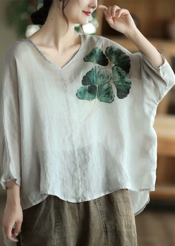 Camisas de lino con cuello en V, patchwork y estampado vintage de color verde café, media manga