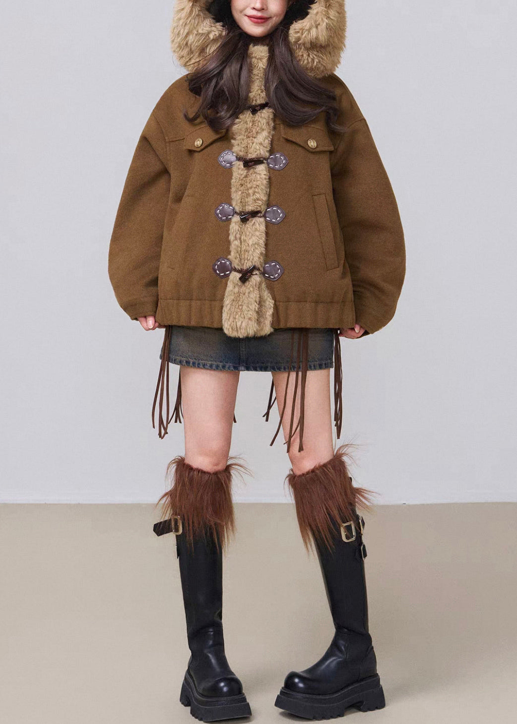 Parkas de invierno con capucha y relleno de algodón de patchwork esponjoso de color café vintage