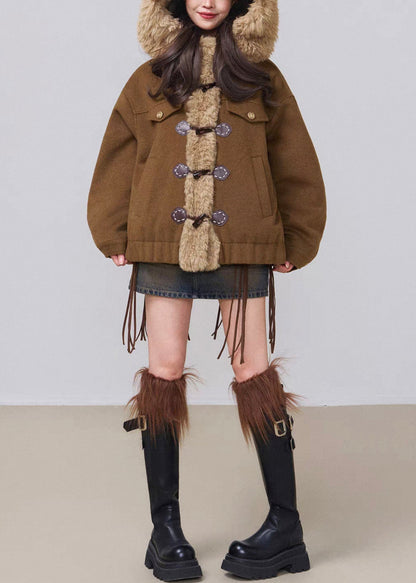 Parkas de invierno con capucha y relleno de algodón de patchwork esponjoso de color café vintage