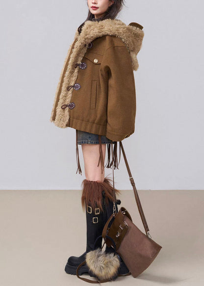 Parkas de invierno con capucha y relleno de algodón de patchwork esponjoso de color café vintage