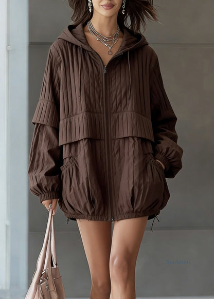 Vintage Coffee Hooded Pockets Drawstring Fine Cotton Filled Coat