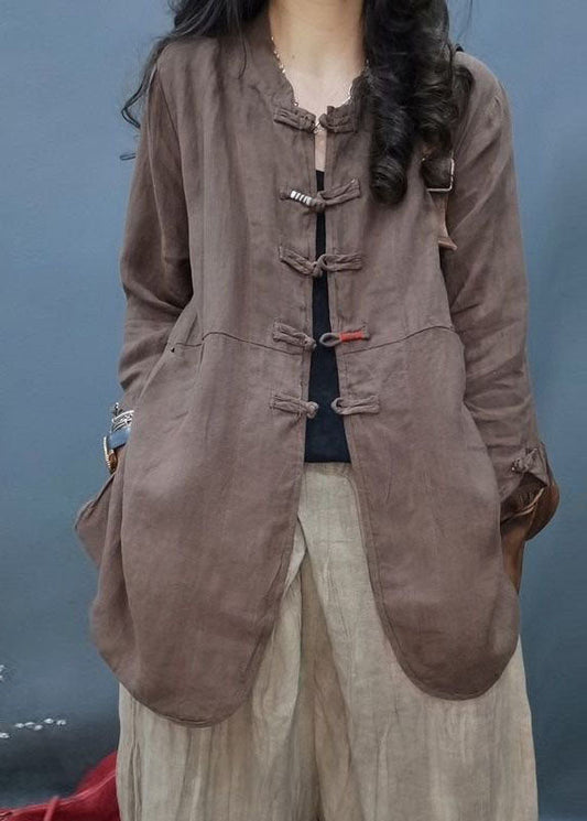 Vintage Schokoladenbrauner Mandarinkragenknopf Baumwollleinenmantel Langarm