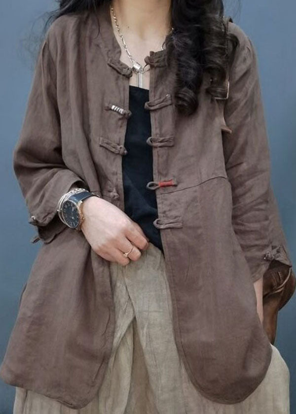 Vintage Chocolate Mandarin Collar Button Cotton Linen Coat Long Sleeve