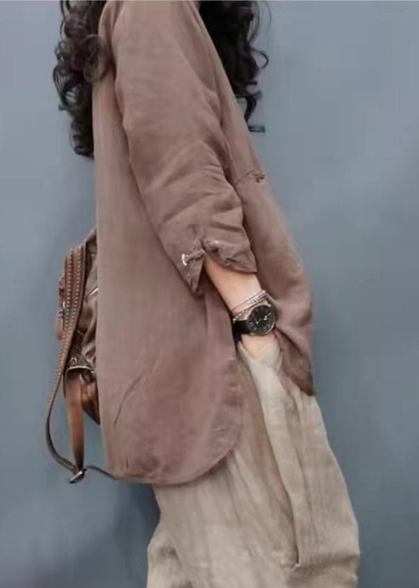 Vintage Chocolate Mandarin Collar Button Cotton Linen Coat Long Sleeve