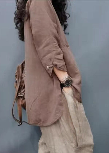 Vintage Chocolate Mandarin Collar Button Cotton Linen Coat Long Sleeve