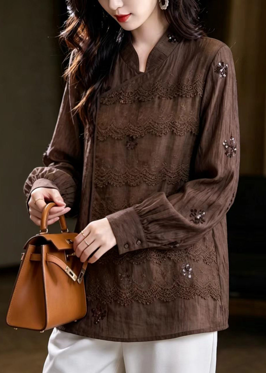 Vintage Coffee Mandarin Collar Sequins Lace Patchwork Shirts Fall