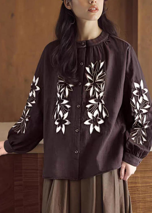 Vintage Coffee O-Neck Button Embroidered Ramie Shirt Spring