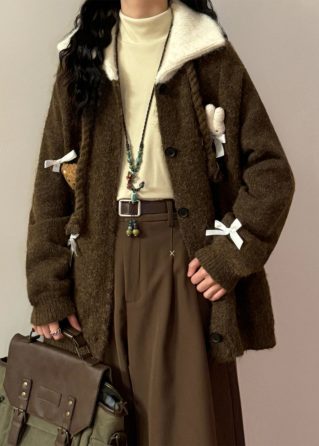 Vintage Coffee Peter Pan Collar Button Patchwork Knit Coats