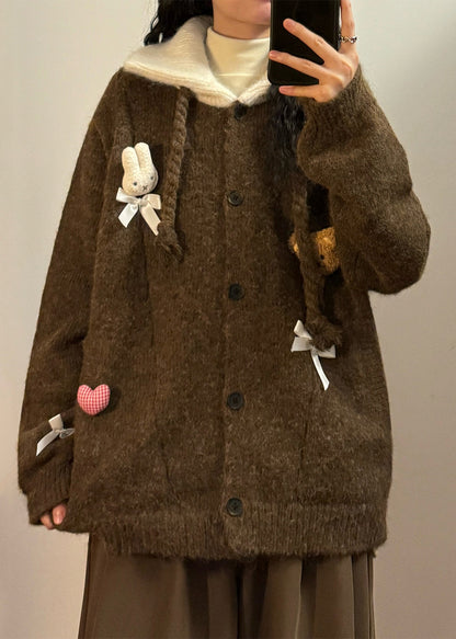 Vintage Coffee Peter Pan Collar Button Patchwork Knit Coats