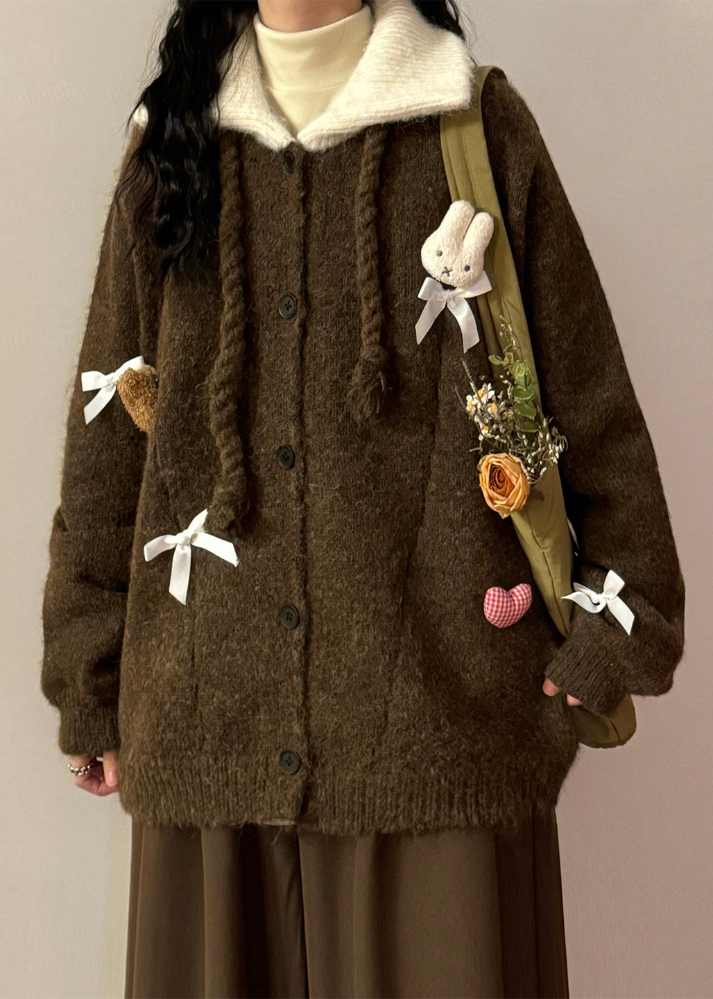 Vintage Coffee Peter Pan Collar Button Patchwork Knit Coats