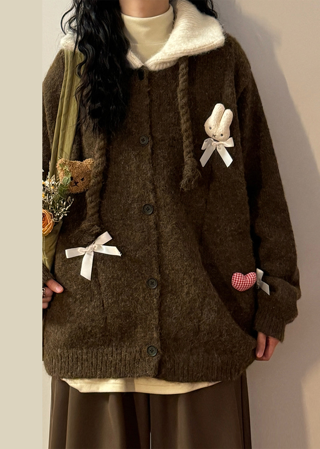 Vintage Coffee Peter Pan Collar Button Patchwork Knit Coats